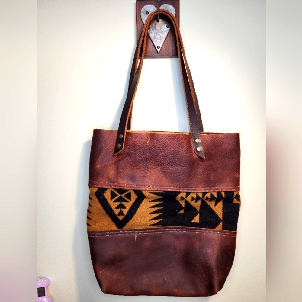 Hawks and Doves Full Grain Leather tote with wool panel detail